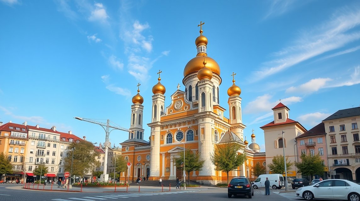 Temesvár Ortodox katedrális a Győzelem téren, lenyűgöző kupolákkal.