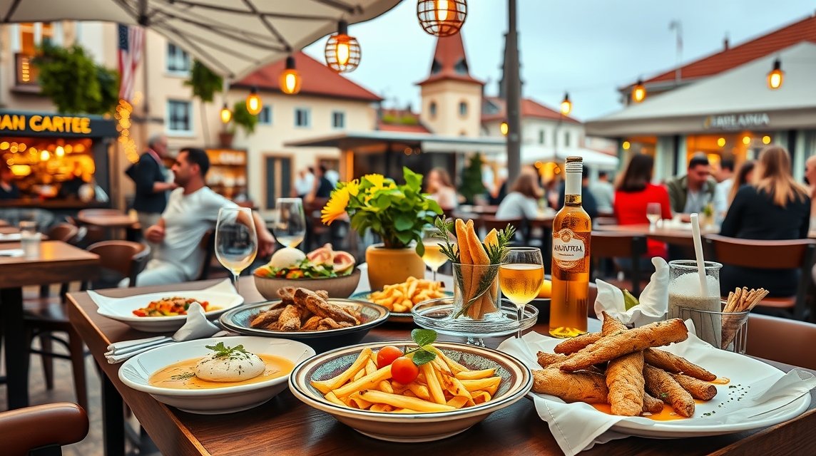 Temesvári étkezés: finom helyi ételek és italok a kültéri teraszon