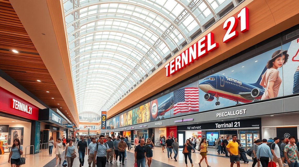 A Terminal 21 bevásárlóközpont belső tere Pattayán, sok látogatóval.