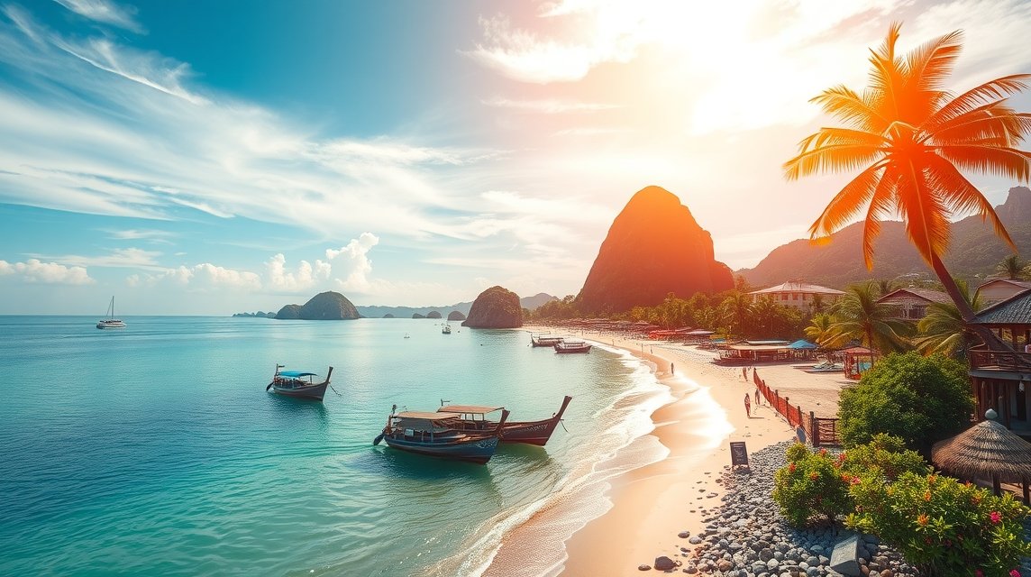 Gyönyörű tengerparti táj Phuket és Koh Samui, hajók a vízen, pálmafák, naplemente.