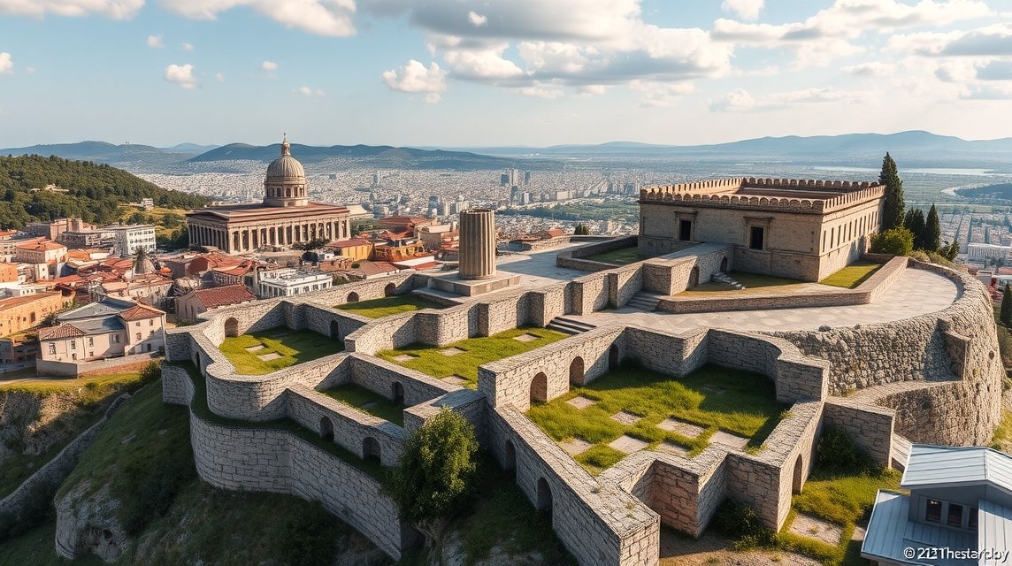 Heptapyrgion erőd látképe Thesszalonikiben, gyönyörű panorámával.