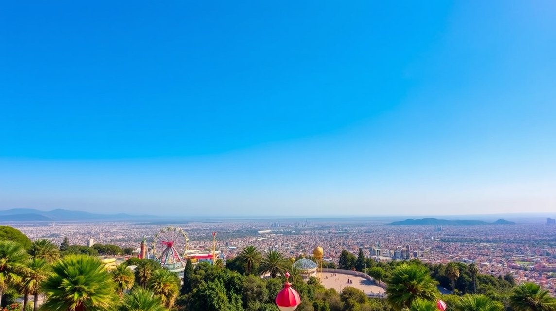 Panoráma a Tibidabo hegyről, Barcelona városára és a vidámparkra.