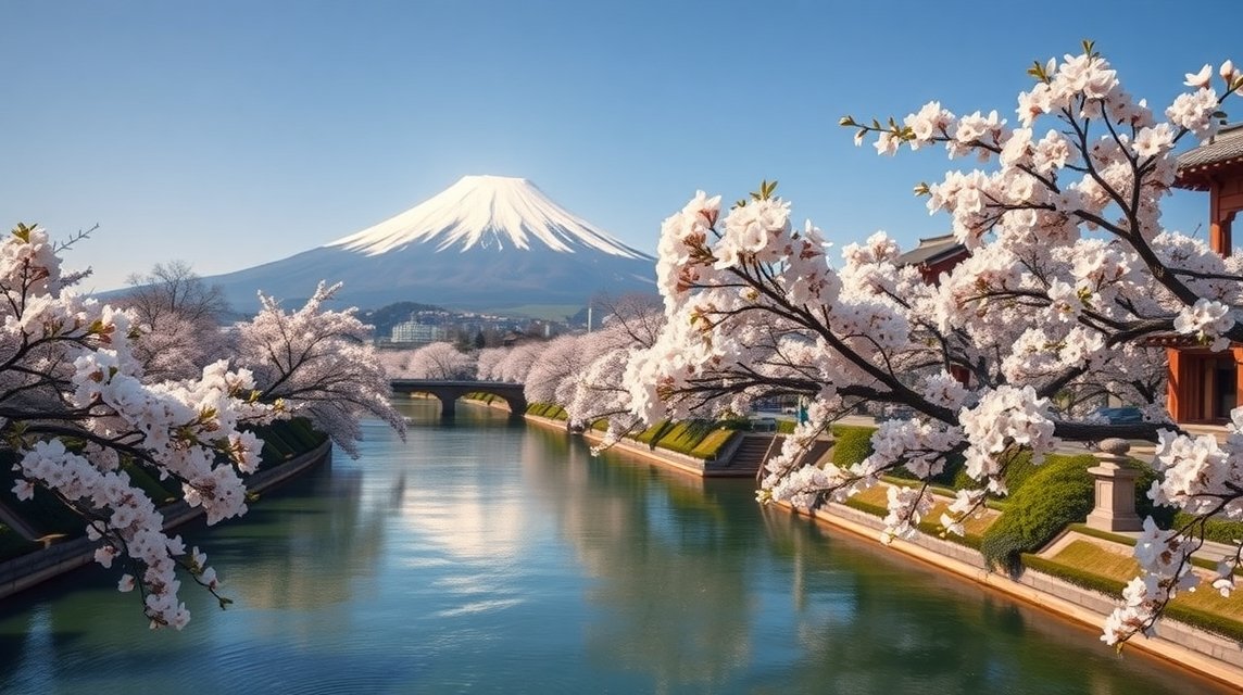 Cseresznyevirágzás Tokióban Fuji-heggyel a háttérben