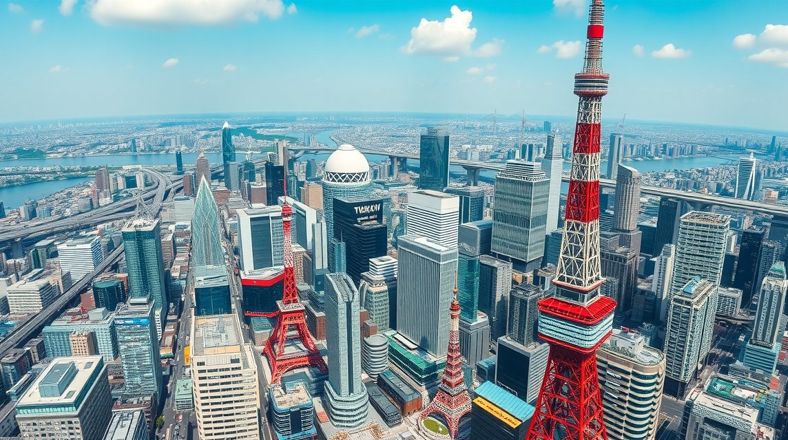 Kilátás a Tokyo Skytree toronyból Tokió városára, üvegpadlóval.