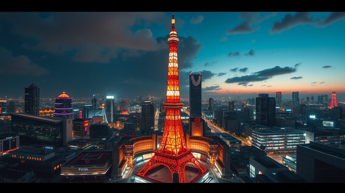 Tokió Tower éjszaka: ikonikus piros-fekete szerkezet panorámával.
