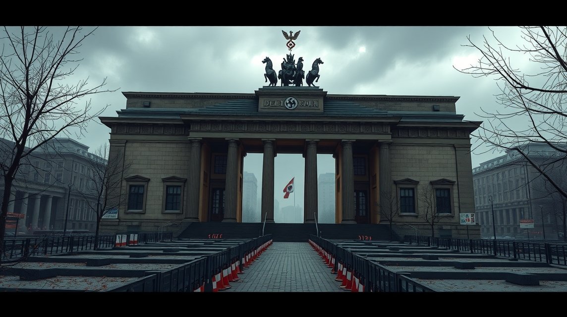 A Brandenburgi kapu Berlinben, sötét felhős időben, emlékhely.