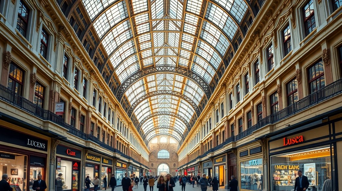 A történelmi Passage bevásárlóárkád elegáns üzletekkel és üvegkupolával.