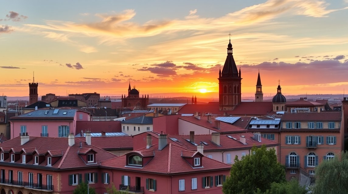 Naplemente Toulouse városának rózsaszín épületei felett