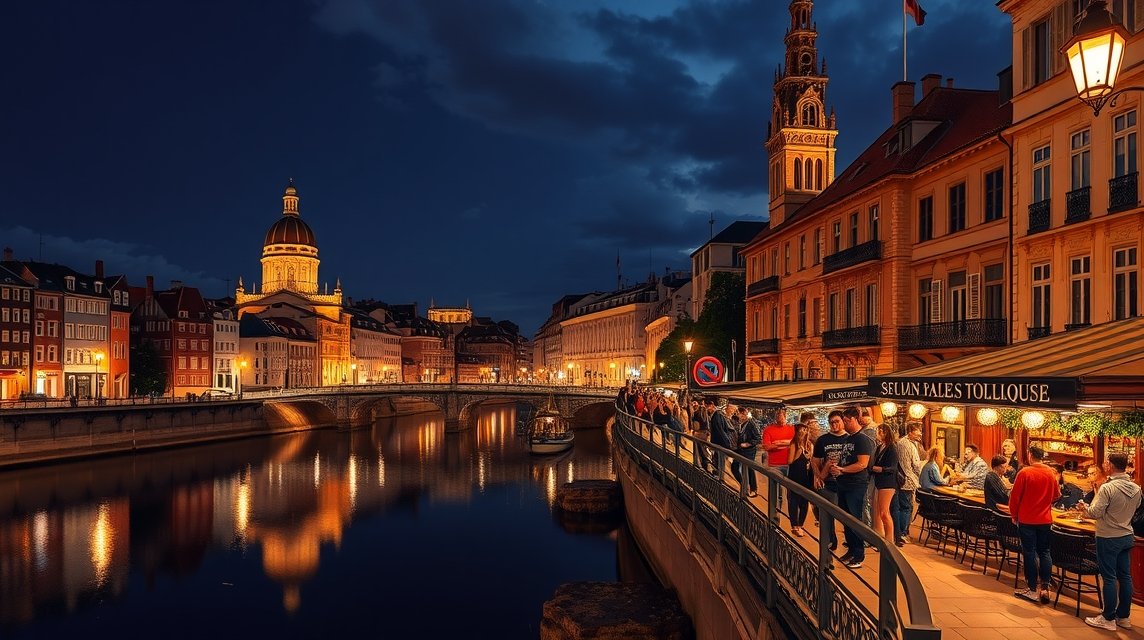 Toulouse éjszakai élet a Garonne partján, bulizó emberek a bárok előtt.