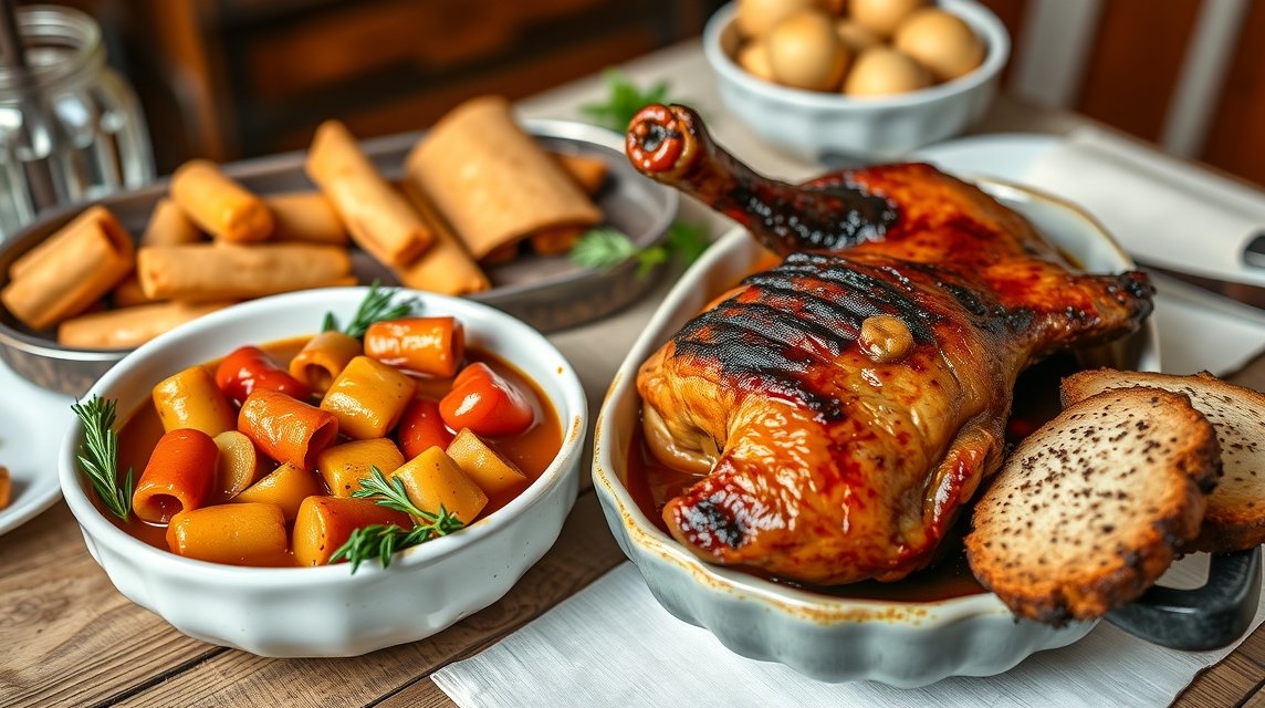 Karamellizált kacsa és helyi zöldségek Toulouse gasztronómiájából