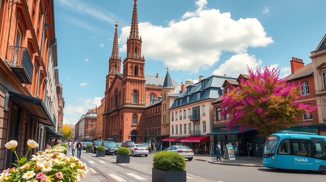 Toulouse város főutcája virágokkal és történelmi épületekkel