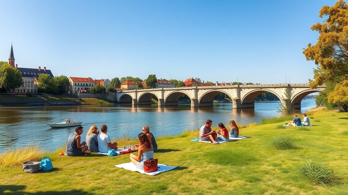 Piknik a Garonne folyó partján, Toulouse városában, friss levegőn.