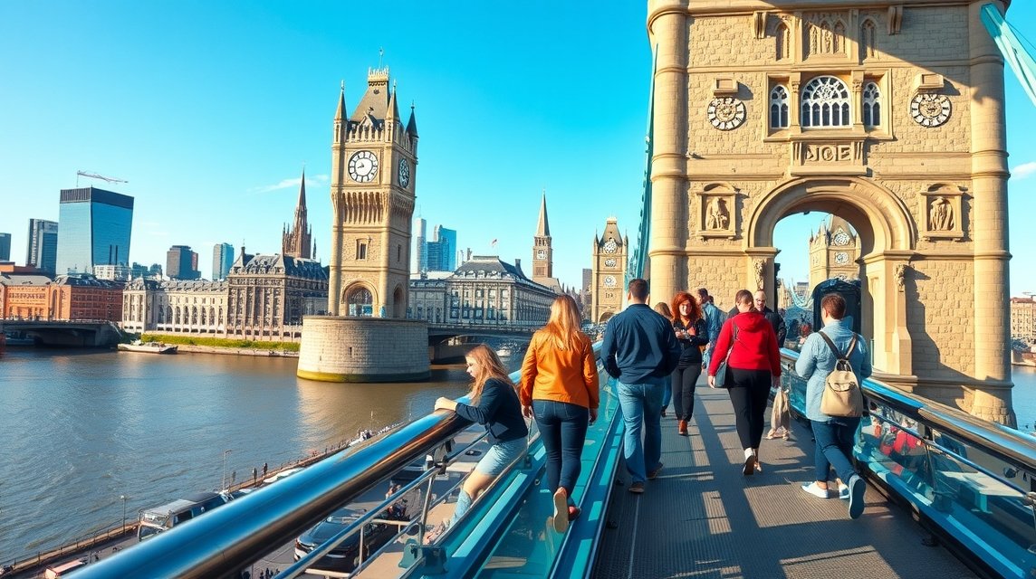 Séta a Tower Bridge üveghídján, London látképe.