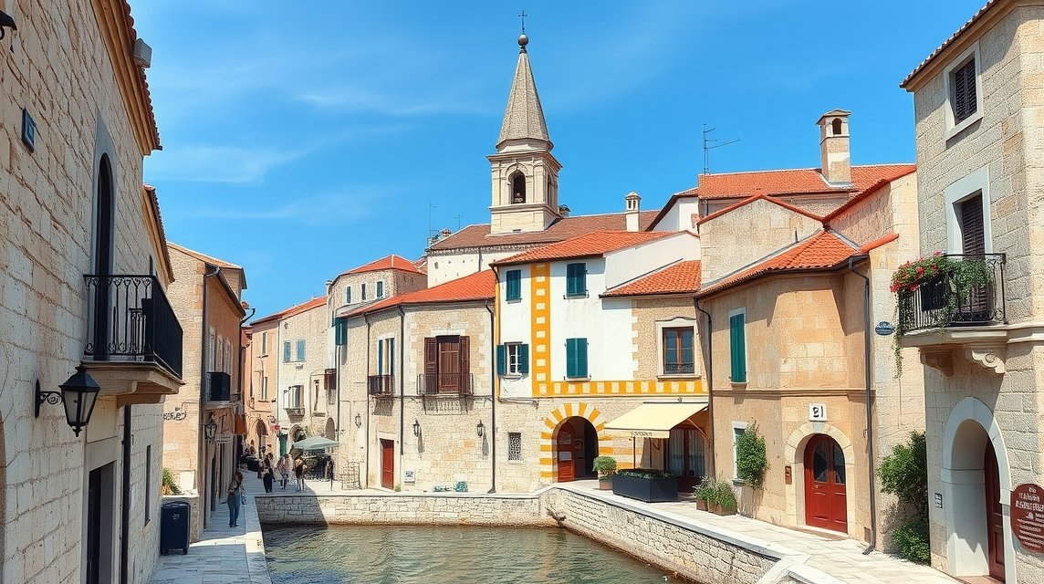 Trogir középkori utcáin fekvő épületek és harangtorony