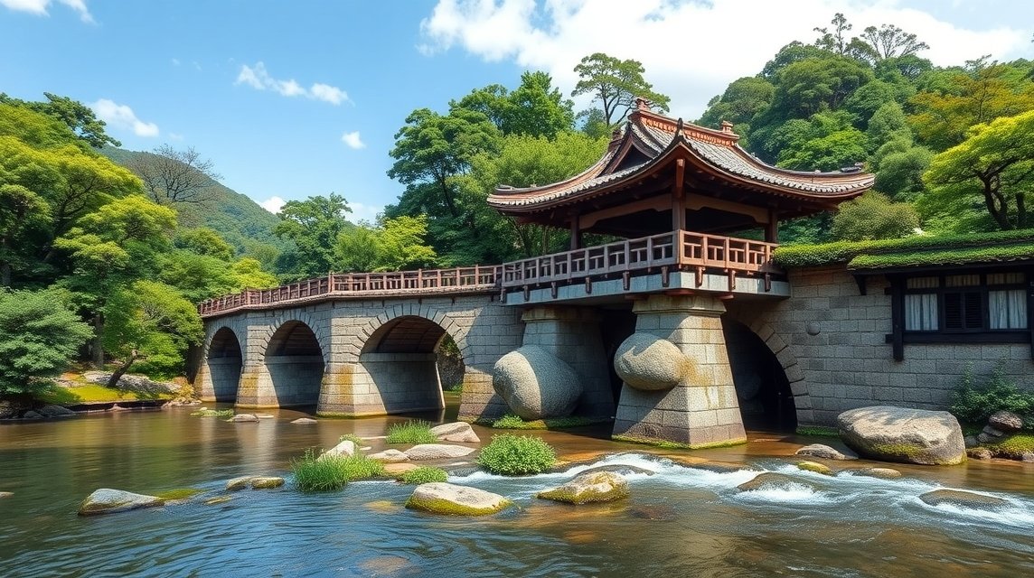 Tsujunkyo kőhíd Kumamoto festői környezetben, japán tájjal.