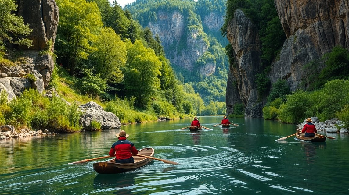 Túrázók tutajozás közben a Dunajec folyón a Pieninek kanyonban
