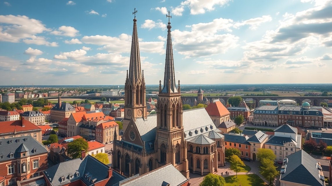 Az Ulmi Dóm két magas tornya városi panorámával