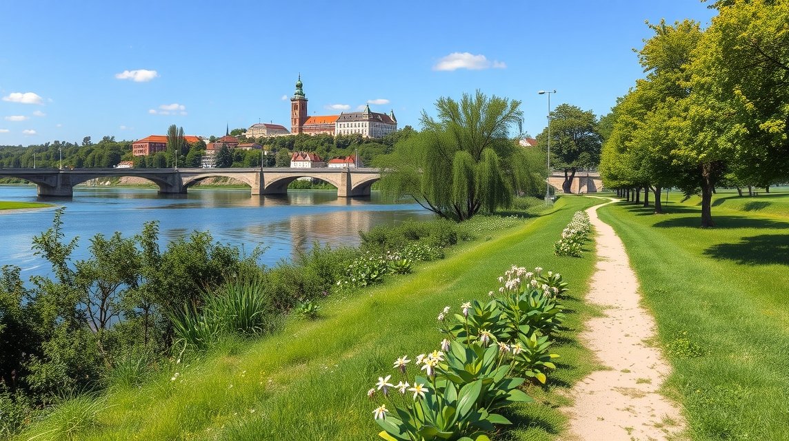 Ulm látnivalók - Séta a Duna-parti réteken 1 Duna-parti séta Ulm városában, történelmi látképpel és zöld rétekkel.