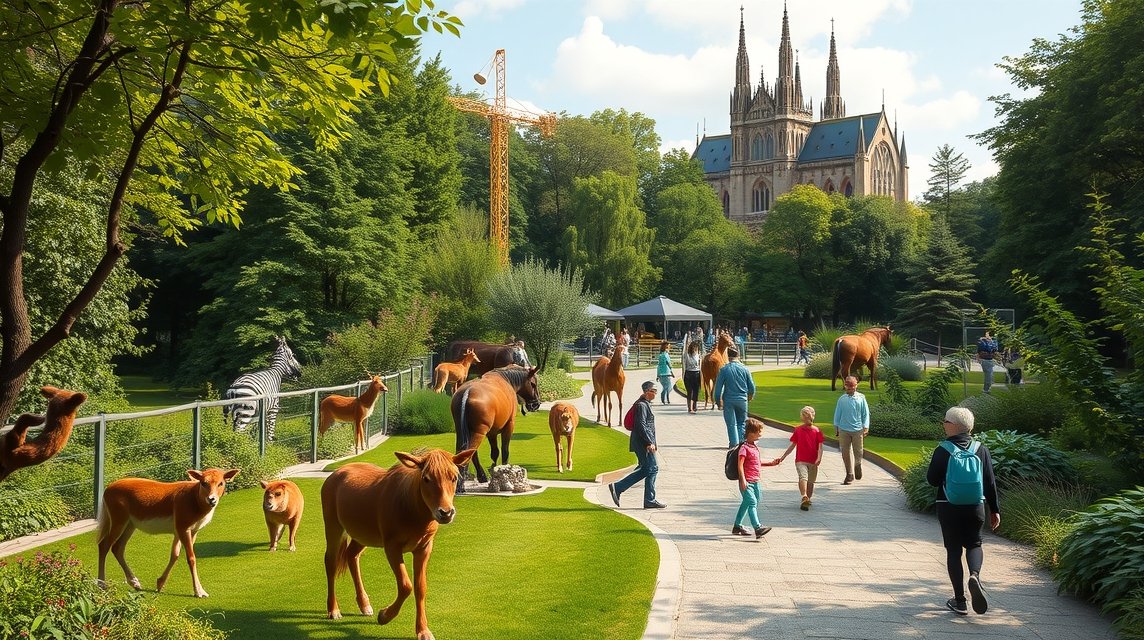 Gyerekek és család a Tiergarten Ulmban, állatokkal körülvéve.