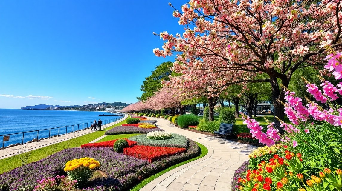 Virágzó fák és tengerparti sétány az Uminonakamichi Tengerparti Parkban, Fukuokában