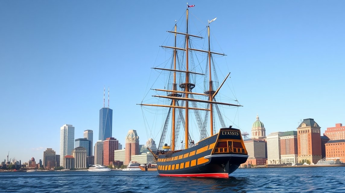 USS Constitution hadihajó a Boston városképével