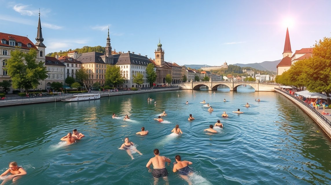 Fürdőzők az Aare folyóban Bern szívében, középkori épületek mellett.