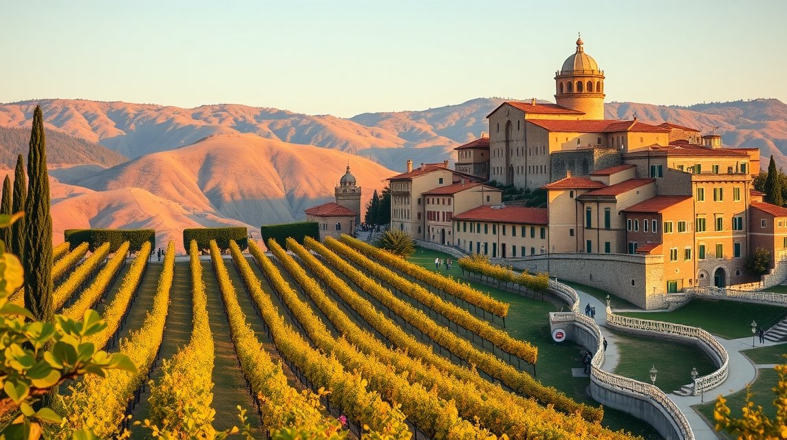 Olaszországi szőlőültetvények és hegyek naplementében