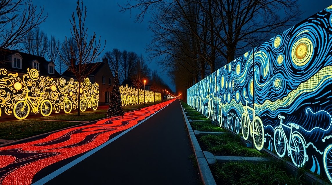 Fénylő Van Gogh-Roosegaarde kerékpárút Eindhovenben éjszaka