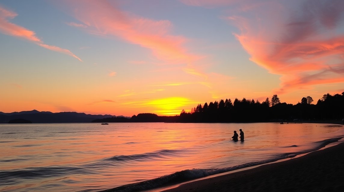 Naplemente az English Bay strandon Vancouverben