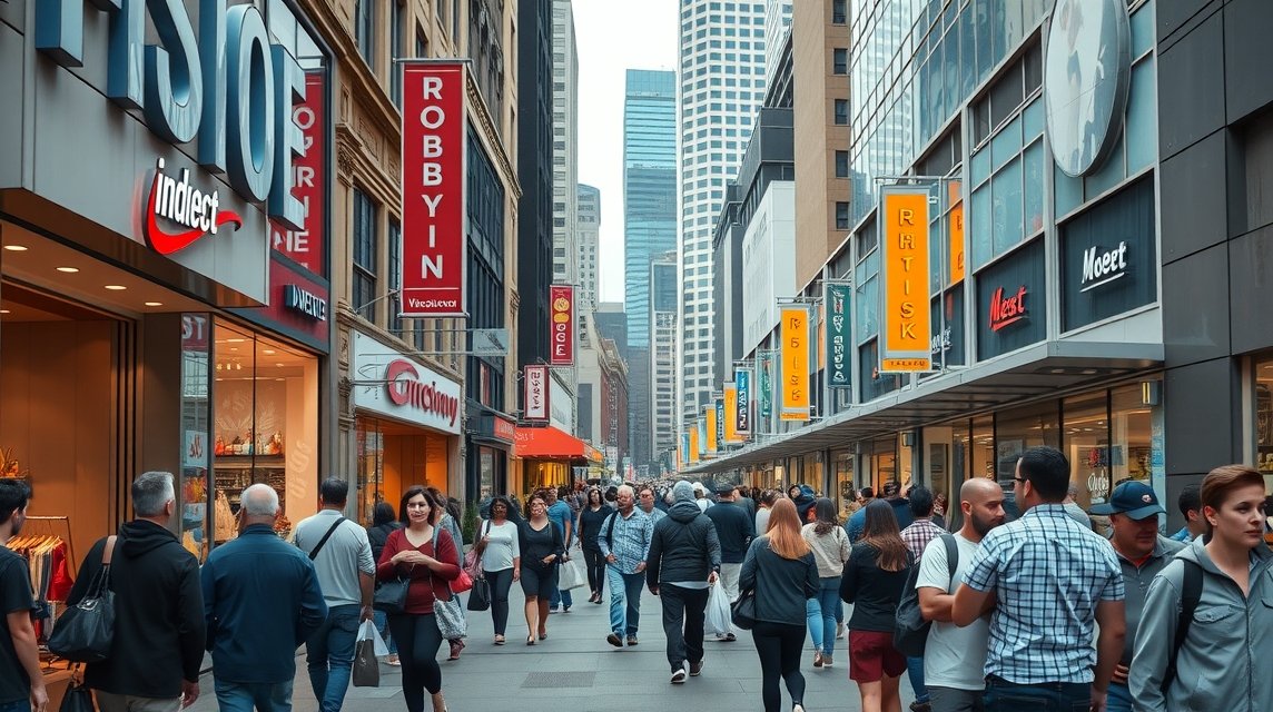 Vancouver Robson Street, népszerű vásárlási helyszín tele emberekkel és boltokkal.