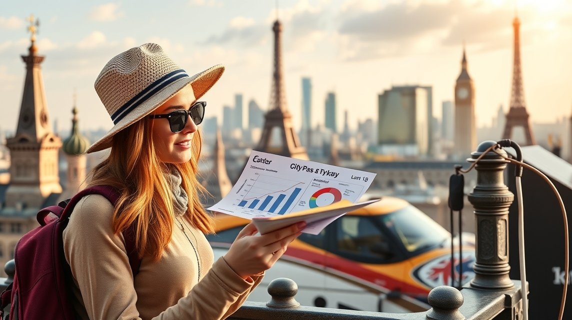 Utazó a városkártyák előnyeit elemzi a háttérben lévő városkép előtt.