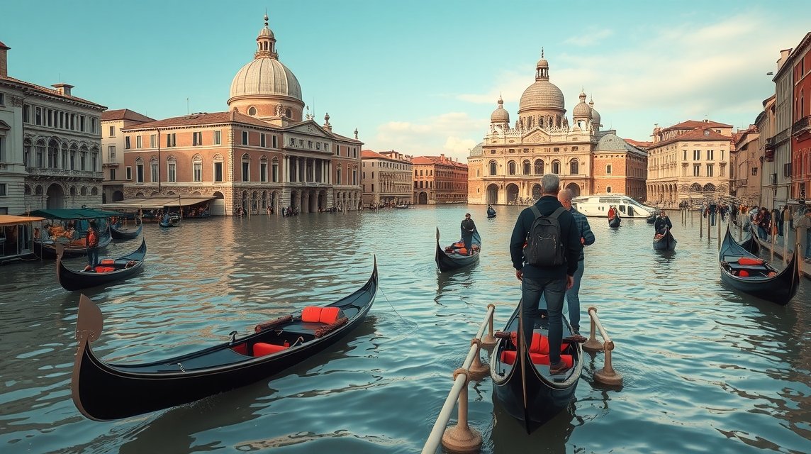 Velence városának ikonikus jelenete áradások idején, gőzöskék és gondolák a vízen.
