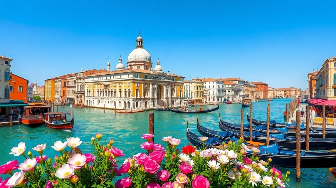 Velence csodás látképe virágokkal és gondolákkal a vízen