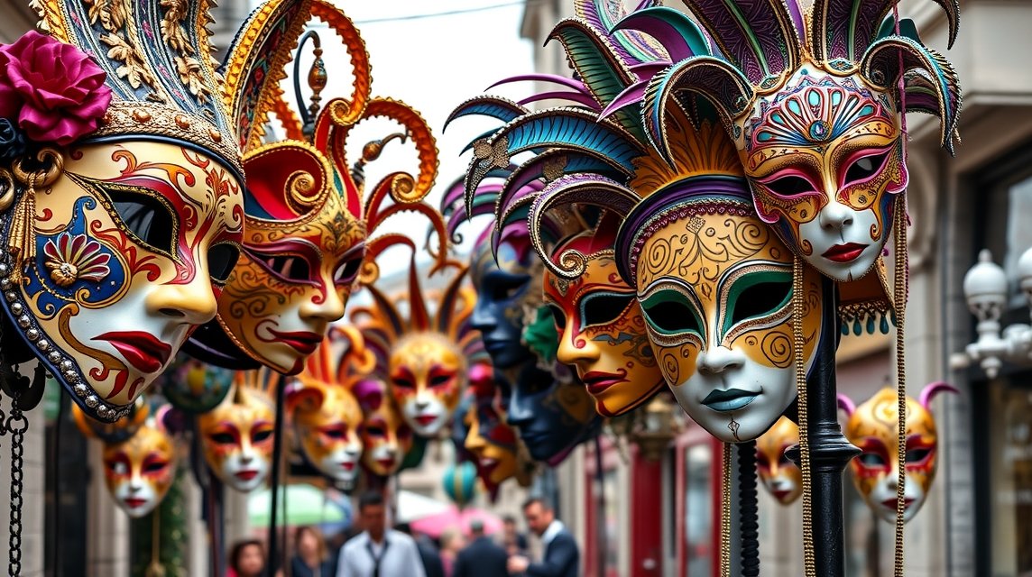 Színes velencei álarcok a Velencei Karnevál során