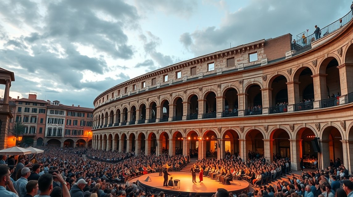Verona Arénája operaelőadás közönsége alatt nyáron.