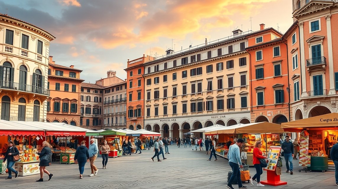 Piazza delle Erbe, Verona, középkori piactér árusokkal és palotákkal.