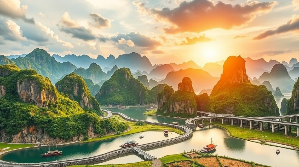 Vietnám festői tájai naplementében, híd és hajók a vízen.