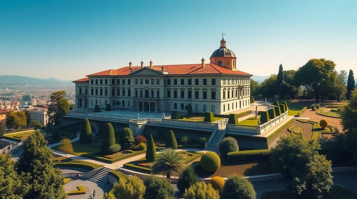 Villa della Regina panorámája Torinóból, barokk stílusban készült épület és kertek.