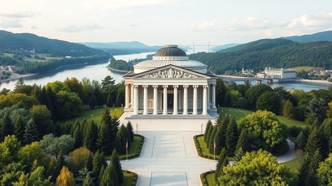 A Walhalla emlékmű, neoklasszicista dór oszlopsor Regensburg közelében.