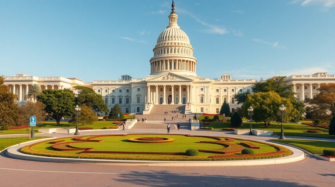 A Capitolium épülete Washingtonban gyönyörű kerttel és kupolával.