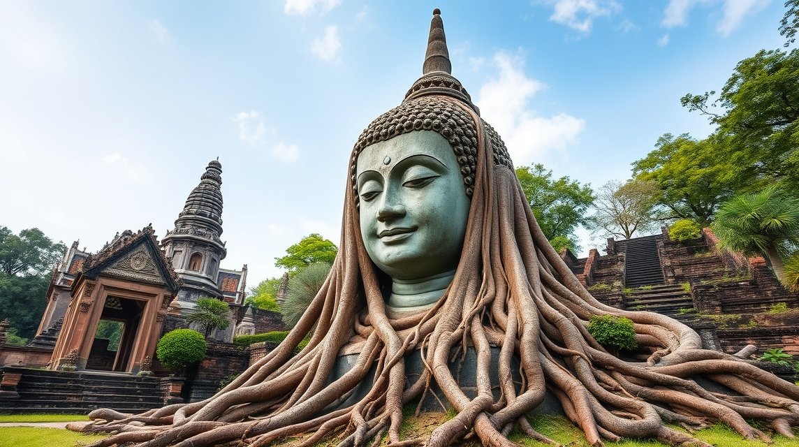 Buddha szobor a Wat Mahathat templomnál Ayutthayában, Thaiföldön.