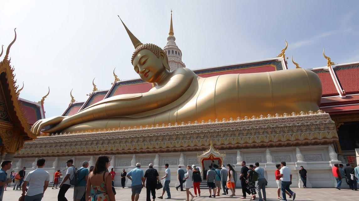Fekvő Buddha a Wat Pho templomnál Bangkokban, Thaiföldön.