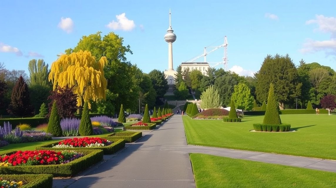 Westfalenpark virágos kertjei és a Florianturm kilátó Dortmundban