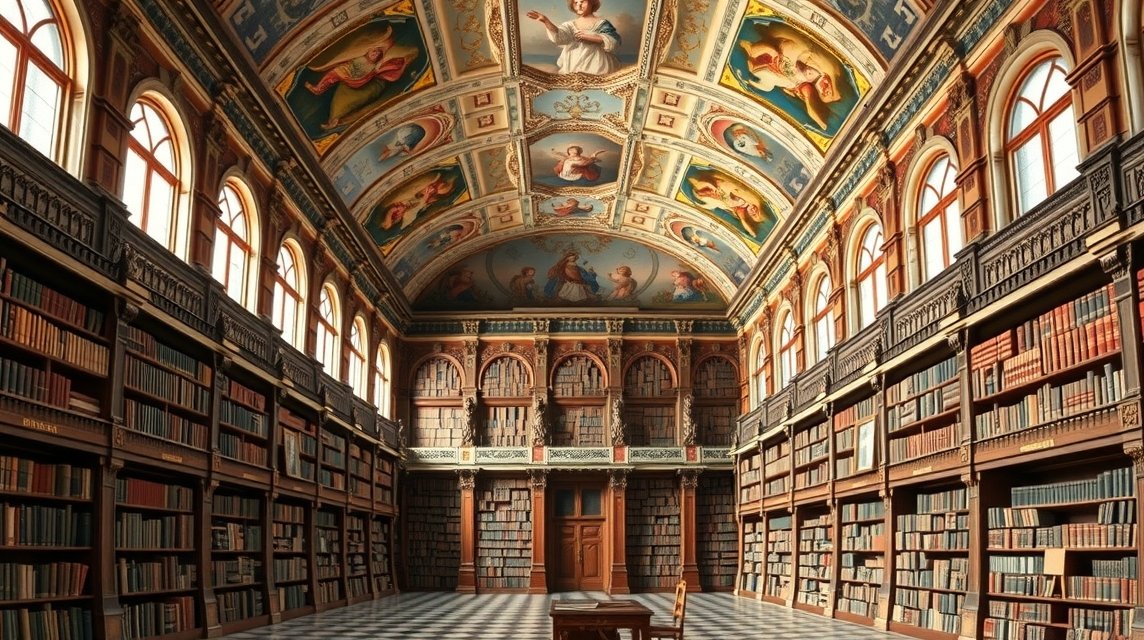 Ulm látnivalók - A Wiblingen kolostor könyvtárterme 1 A Wiblingen kolostor könyvtárterme barokk freskókkal díszítve