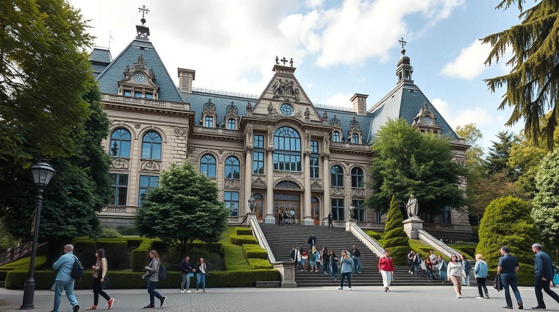 Wilhelm Busch Múzeum épülete Hannoverben, látogatók a lépcsőkön.