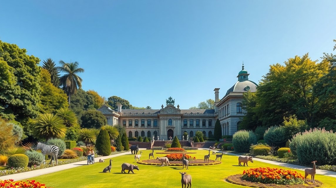Wilhelma állat- és botanikus kert Stuttgartban, zöld oázis és mór stílusú palota.
