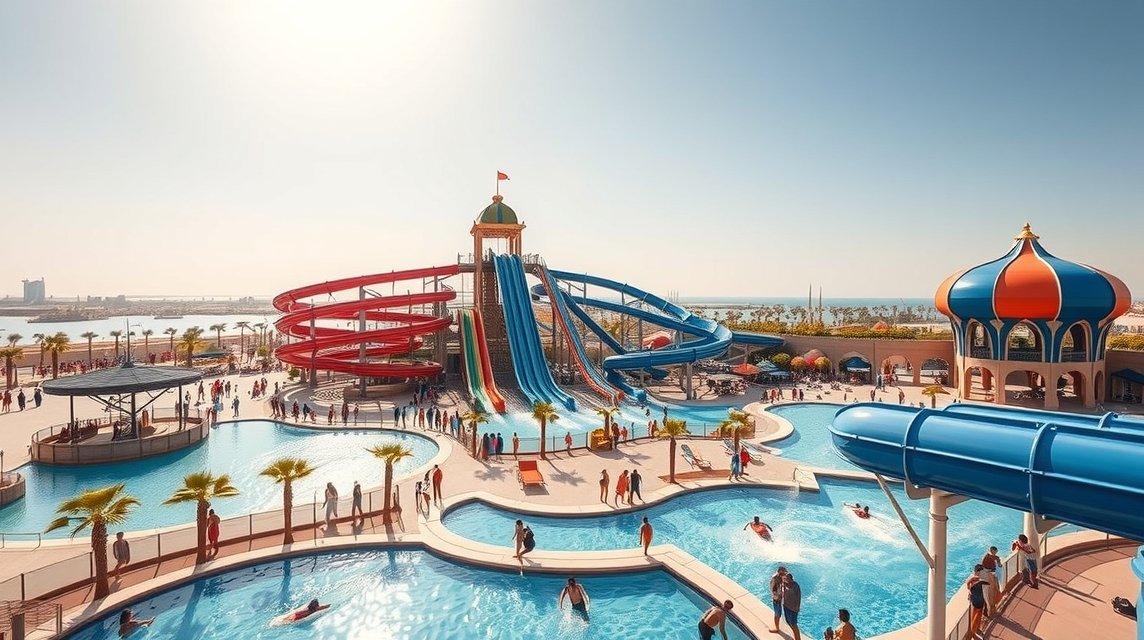 Yas Waterworld vízi vidámpark Abu Dhabiban, csúszdák és medencék