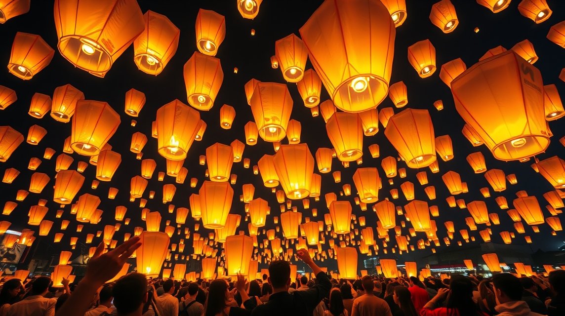 Yi Peng lámpásfesztivál Chiang Mai városában, sok lámpással a sötét égen.