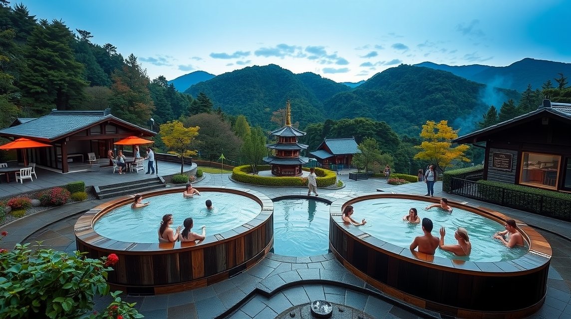 Hakone látnivalók - Yunessun fürdőpark (borfürdő, kávéfürdő) 1 Hakone Yunessun fürdőpark gyönyörű panorámával és borfürdőkkel