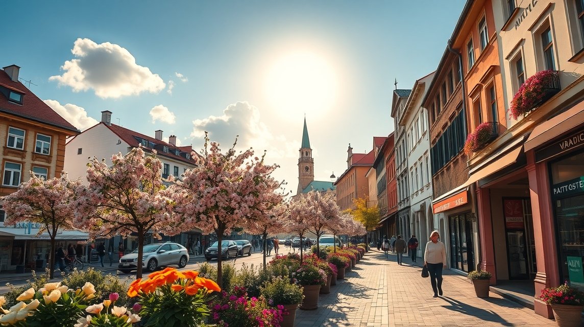 Zágráb tavaszi utca virágokkal és napsütéssel
